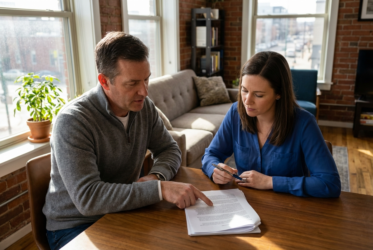 Denver landlord and tenant reviewing rental lease agreement together at a table during lease signing