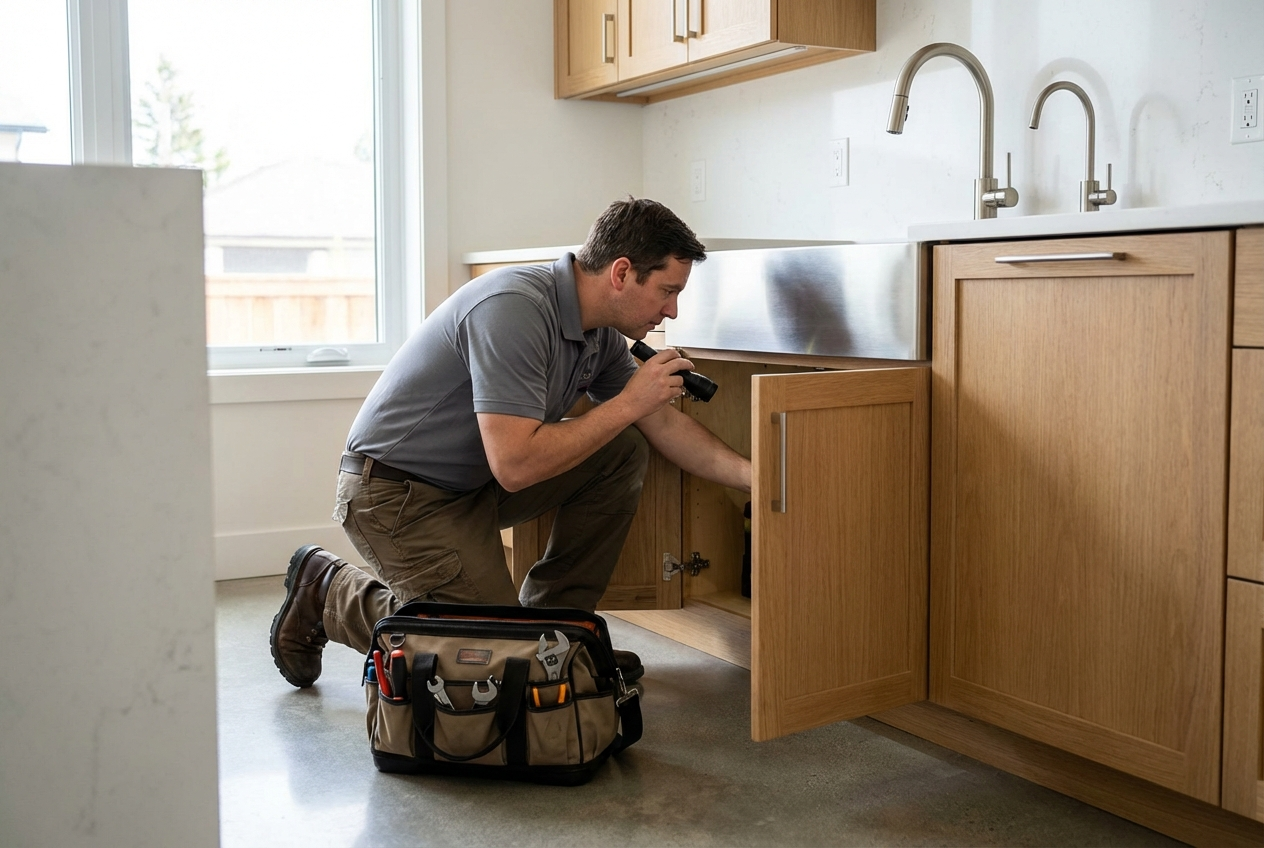 Professional property maintenance technician making a repair in a Denver rental unit quickly and competently