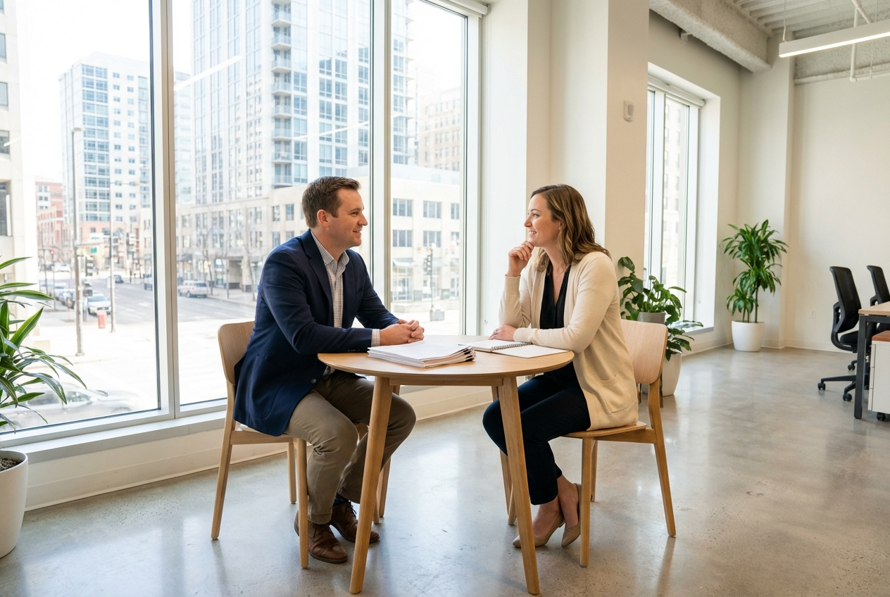 Professional property manager in a meeting with a rental property owner in a Denver office discussing management terms