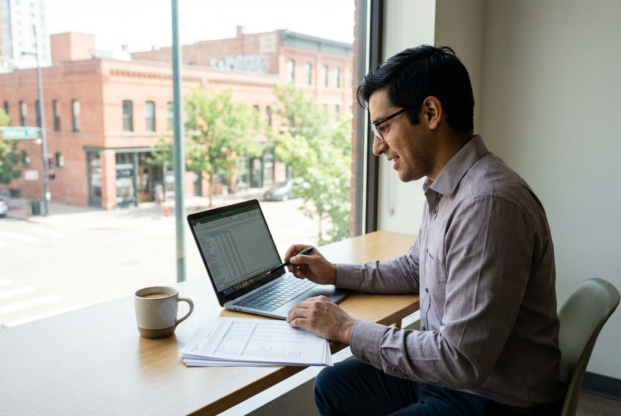 Property manager reviewing rental income data and financial reports on a laptop showing ROI analysis for Denver rentals