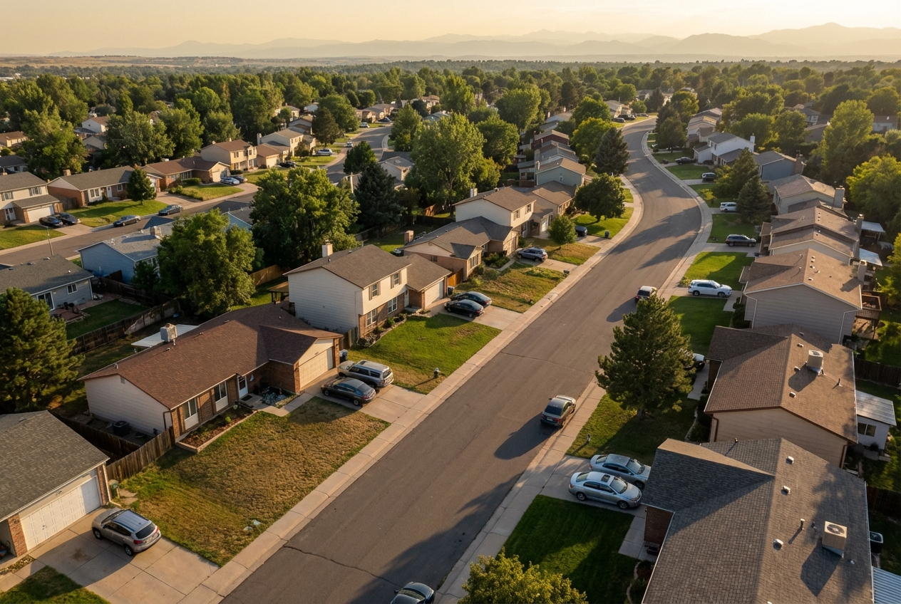 Suburban Denver neighborhood aerial view showing single-family homes in Aurora or Centennial Colorado with mountain backdrop