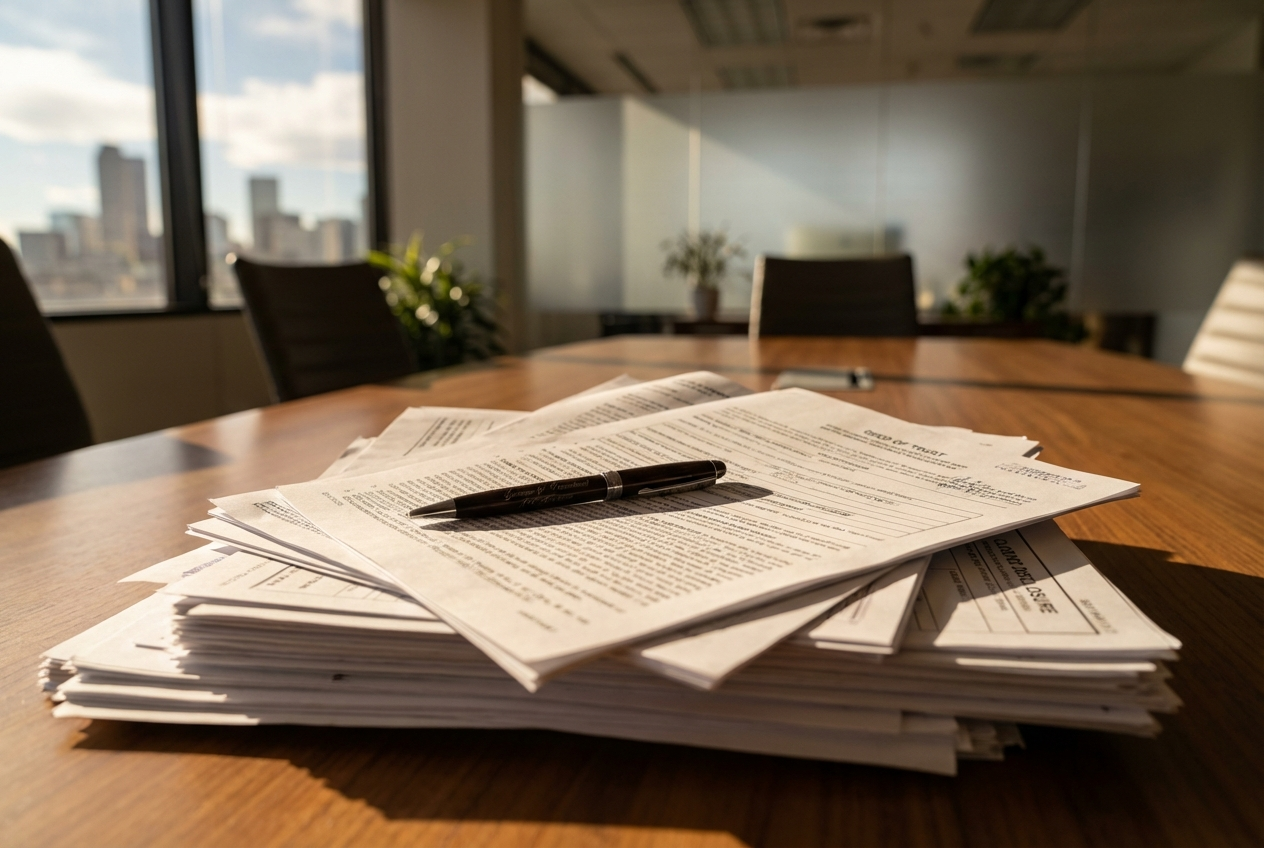 Denver residential property closing paperwork stack representing Colorado real estate sale withholding requirements for nonresident landlords
