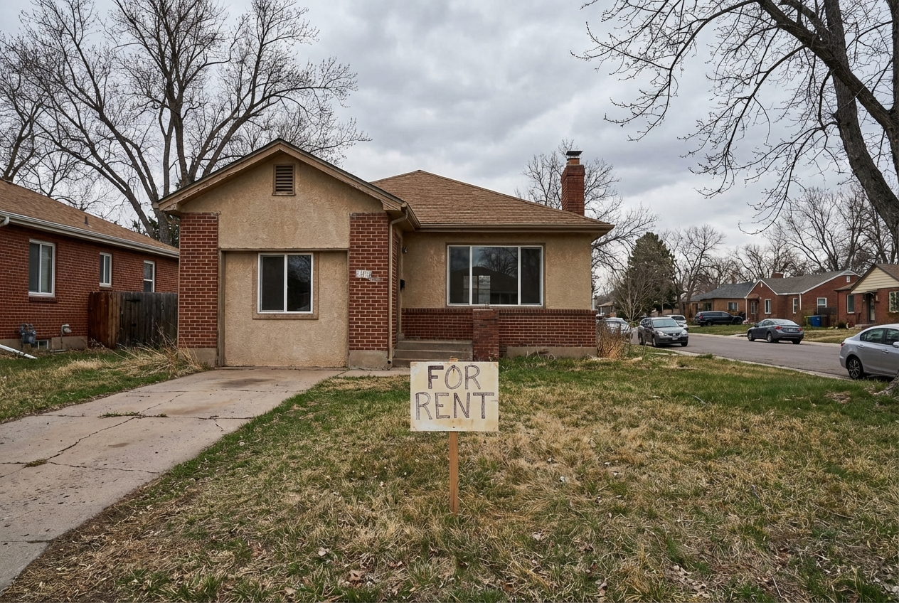 Vacant Denver single-family rental home with for-rent sign in the front yard on an overcast day