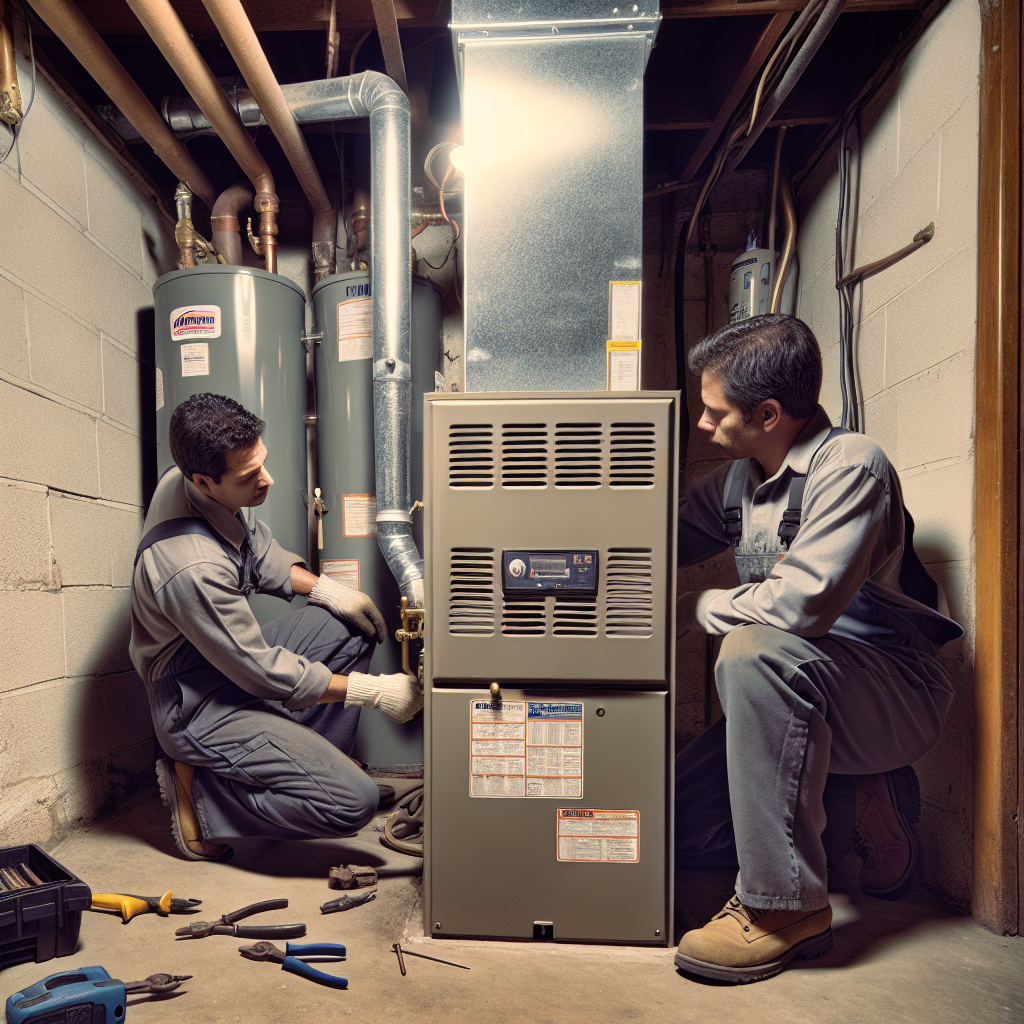 HVAC technician servicing furnace in Denver rental property basement in preparation for cooling season