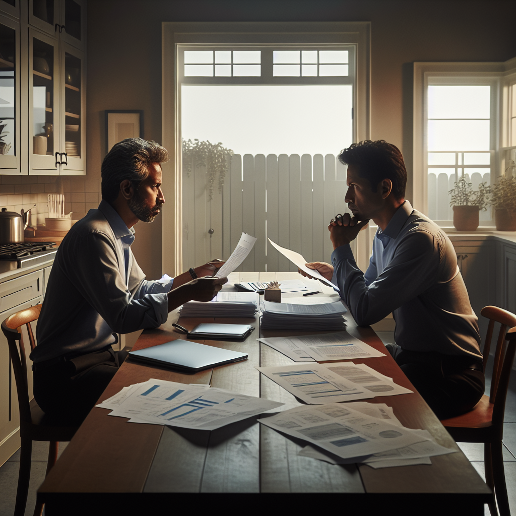 Two people at a table reviewing documents about a jointly owned Denver rental property during a separation