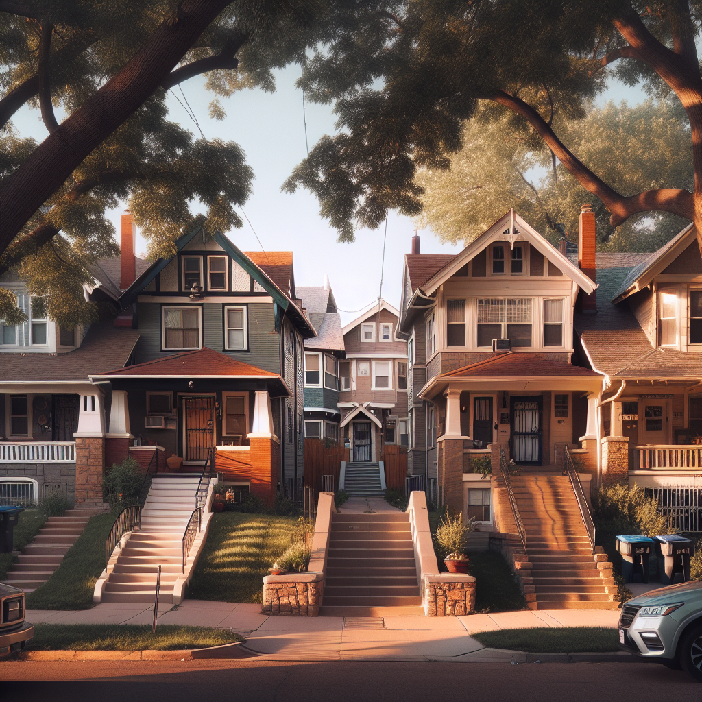 Denver residential street showing older homes with basement apartment entrances in a walkable neighborhood