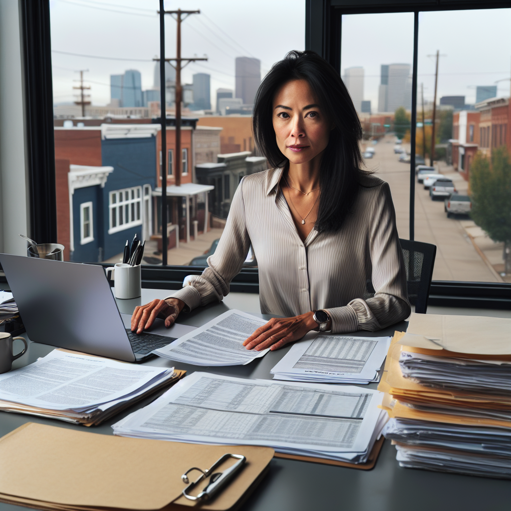 Denver property manager reviewing rental property documents at a desk showing accountability and professionalism