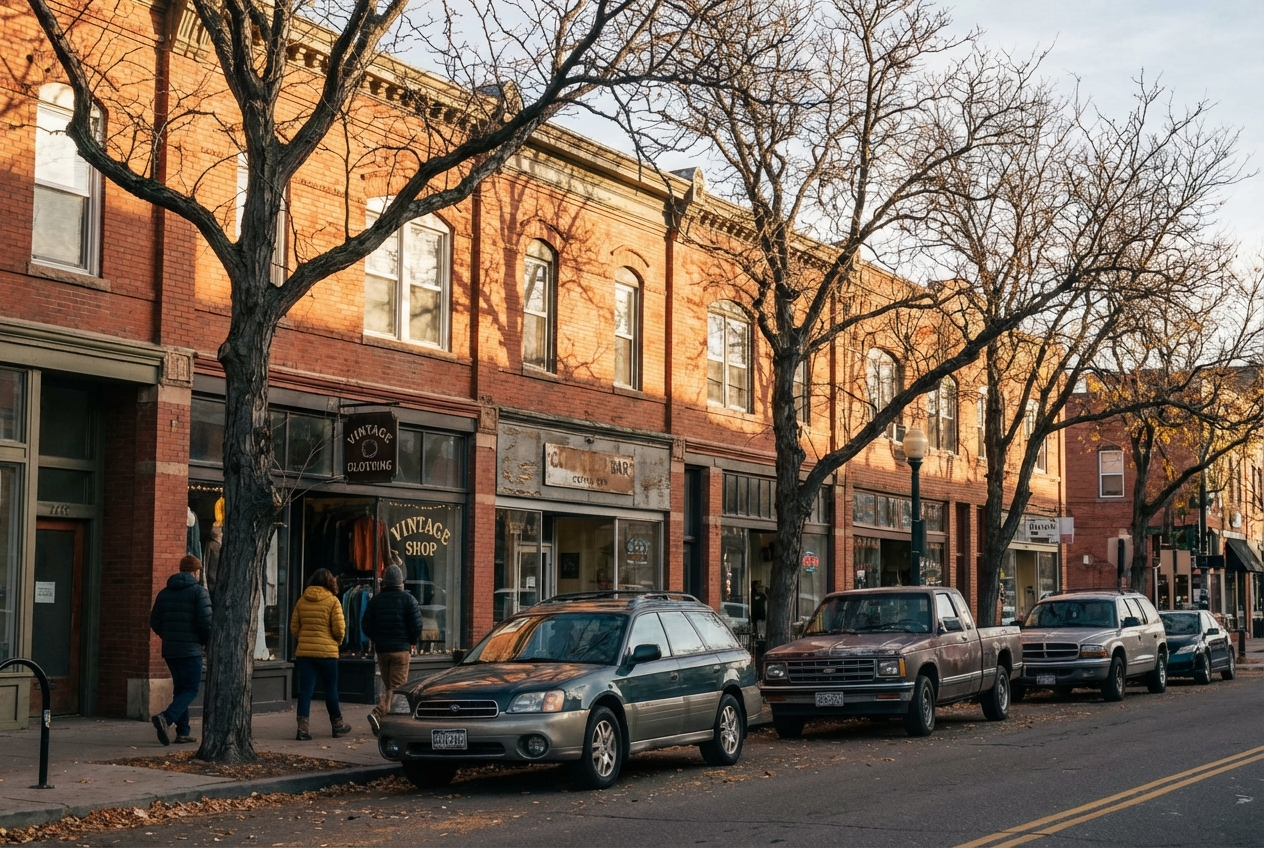 South Broadway Denver Baker neighborhood street view with mixed-use buildings and storefronts