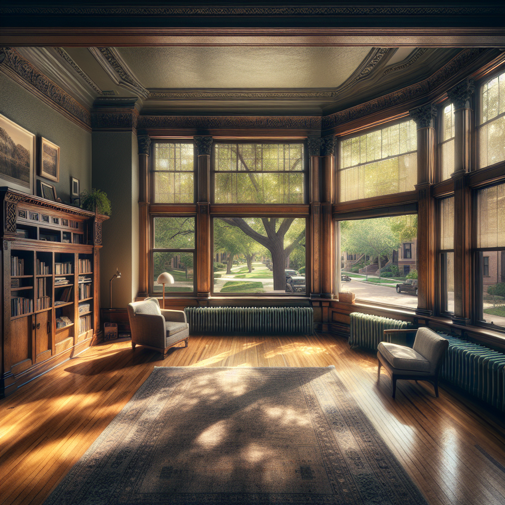 Interior of a Cheesman Park Denver condo rental with original hardwood floors and city neighborhood views
