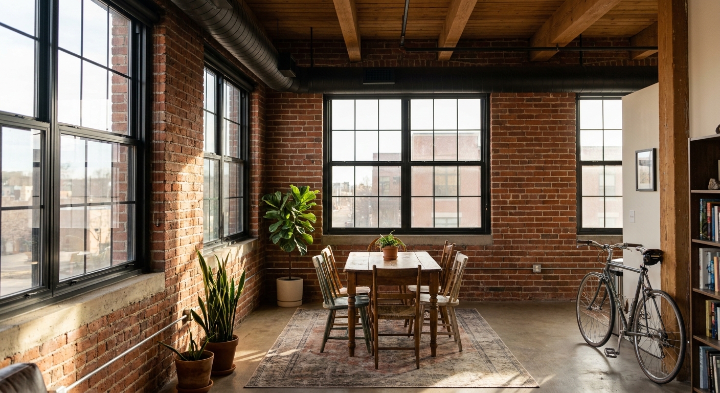 Interior of a Golden Triangle Denver loft rental with exposed brick, high ceilings, and large windows letting in afternoon light