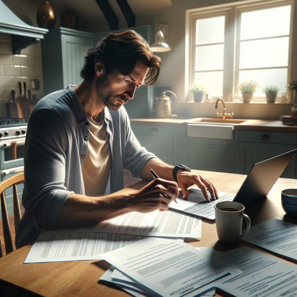 Colorado landlord reviewing rental property lease documents at a kitchen table