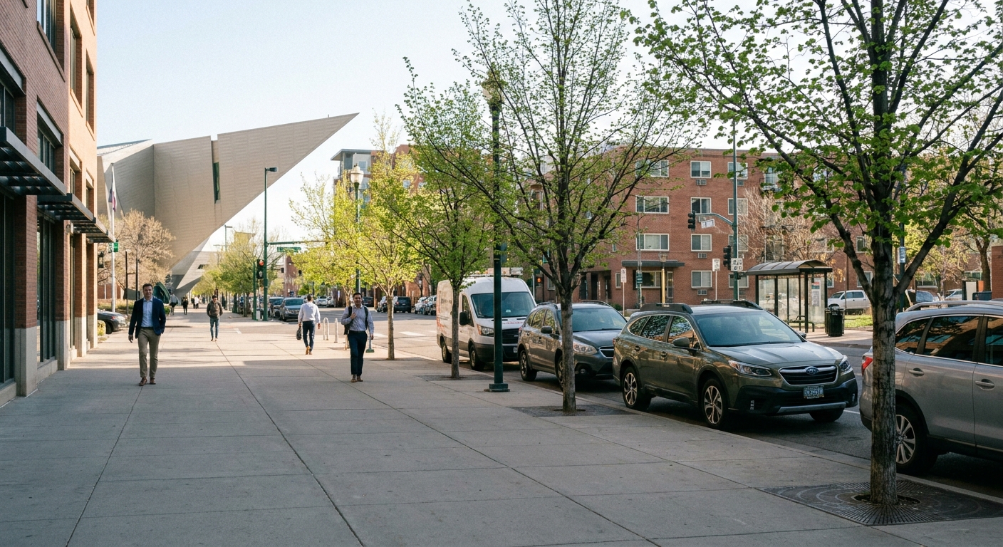Pedestrian street view in the Golden Triangle Denver neighborhood looking south on Lincoln Street toward the arts district
