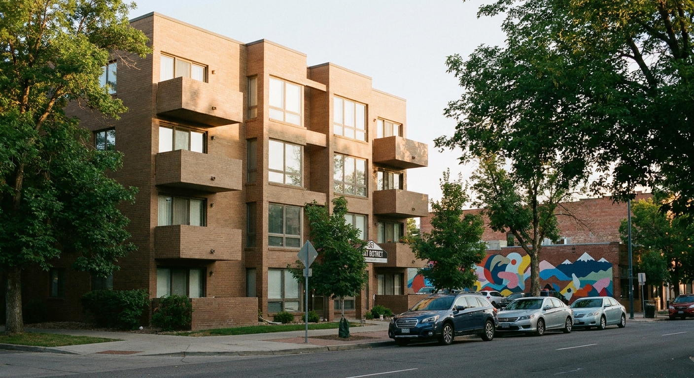 Golden Triangle Denver condo building exterior on a clear day, showing brick and mid-rise architecture along a tree-lined street